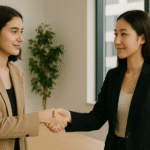 Two people shaking hands politely in a professional environment, making eye contact.