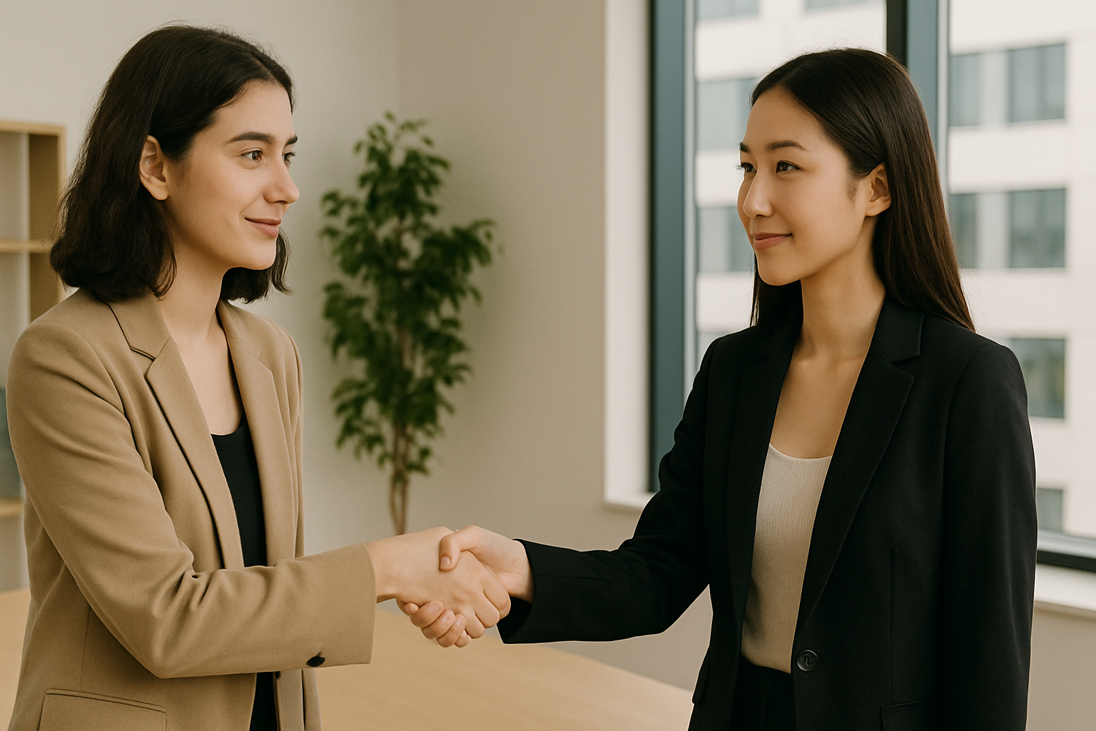 Two people shaking hands politely in a professional environment, making eye contact.