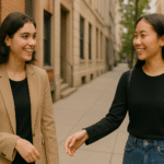 Two acquaintances greeting each other with a smile on a city street while continuing on their way.