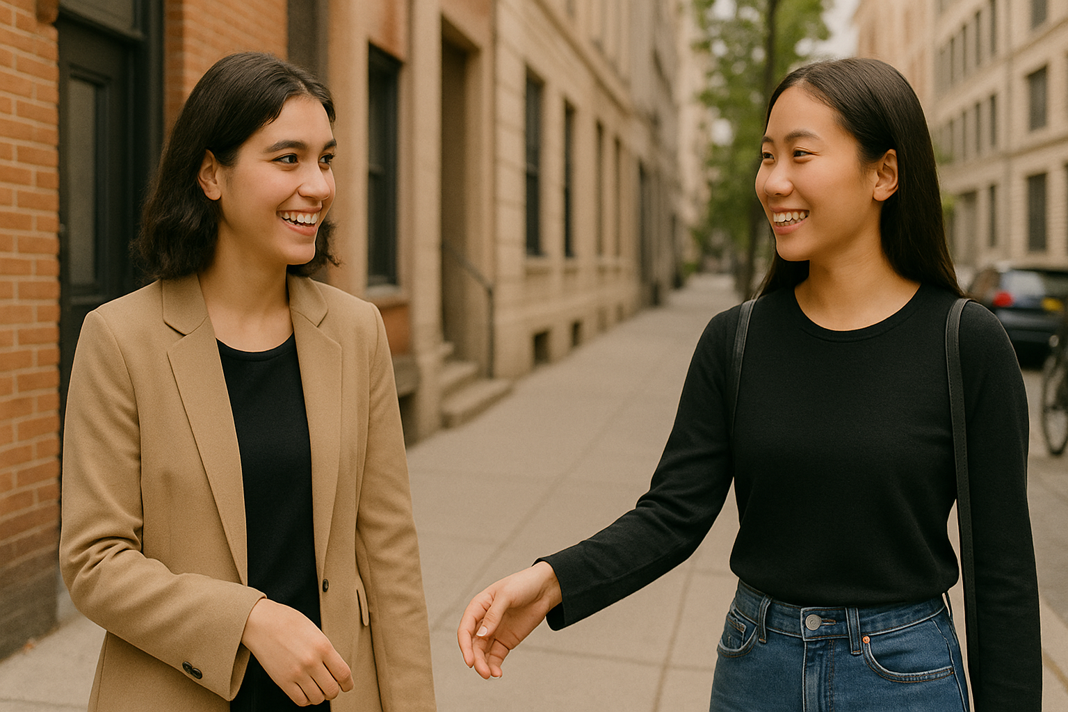 Two acquaintances greeting each other with a smile on a city street while continuing on their way.