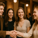 Guests being introduced at a formal reception, with a host guiding the exchange in a welcoming atmosphere.
