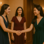 Guests greeting each other with polite smiles and handshakes as they arrive in an elegant dining room.