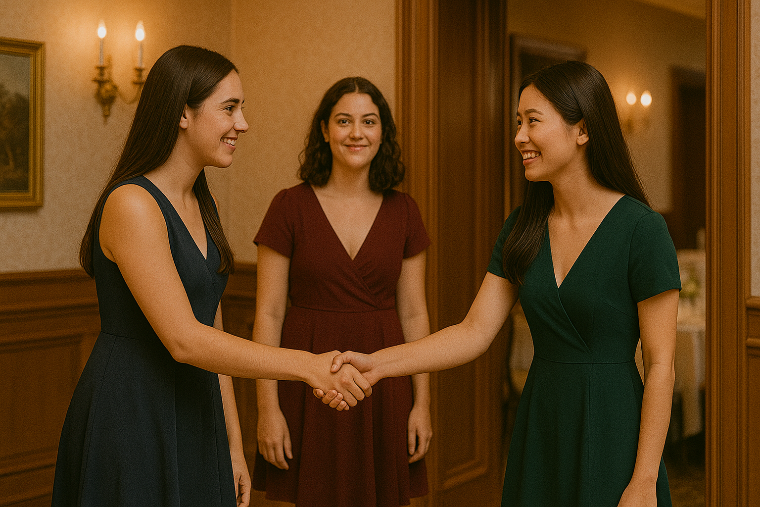 Guests greeting each other with polite smiles and handshakes as they arrive in an elegant dining room.