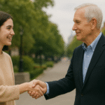 A younger person greeting an older person with a smile and polite body language on a city street.