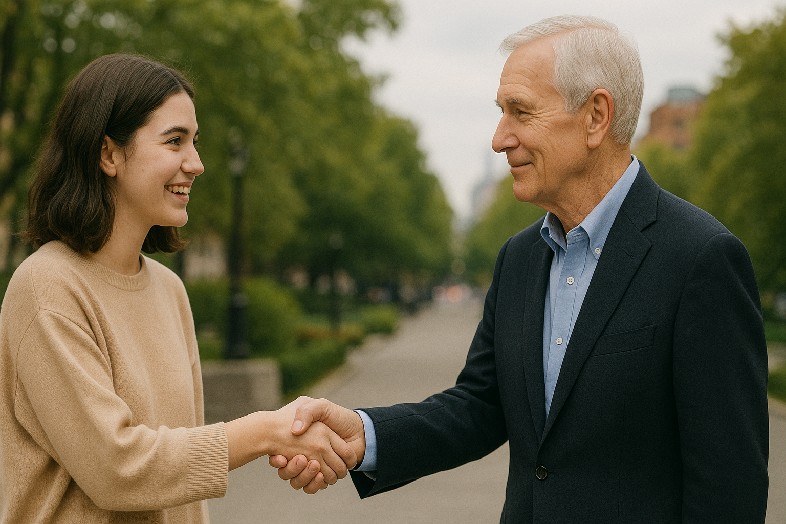 A younger person greeting an older person with a smile and polite body language on a city street.