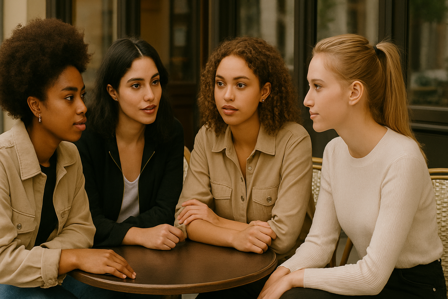 Women in modern outfits talking at a café terrace, showing confident and attentive body language.