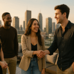 Young adults in modern minimalist outfits greeting each other with handshakes and smiles at a rooftop lounge with a city skyline behind them.