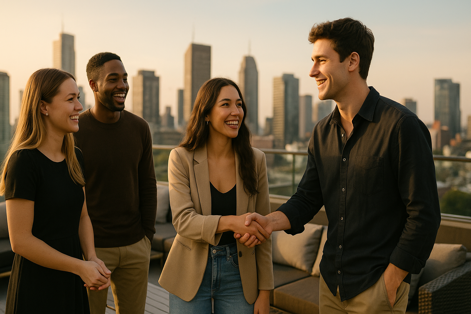 Young adults in modern minimalist outfits greeting each other with handshakes and smiles at a rooftop lounge with a city skyline behind them.