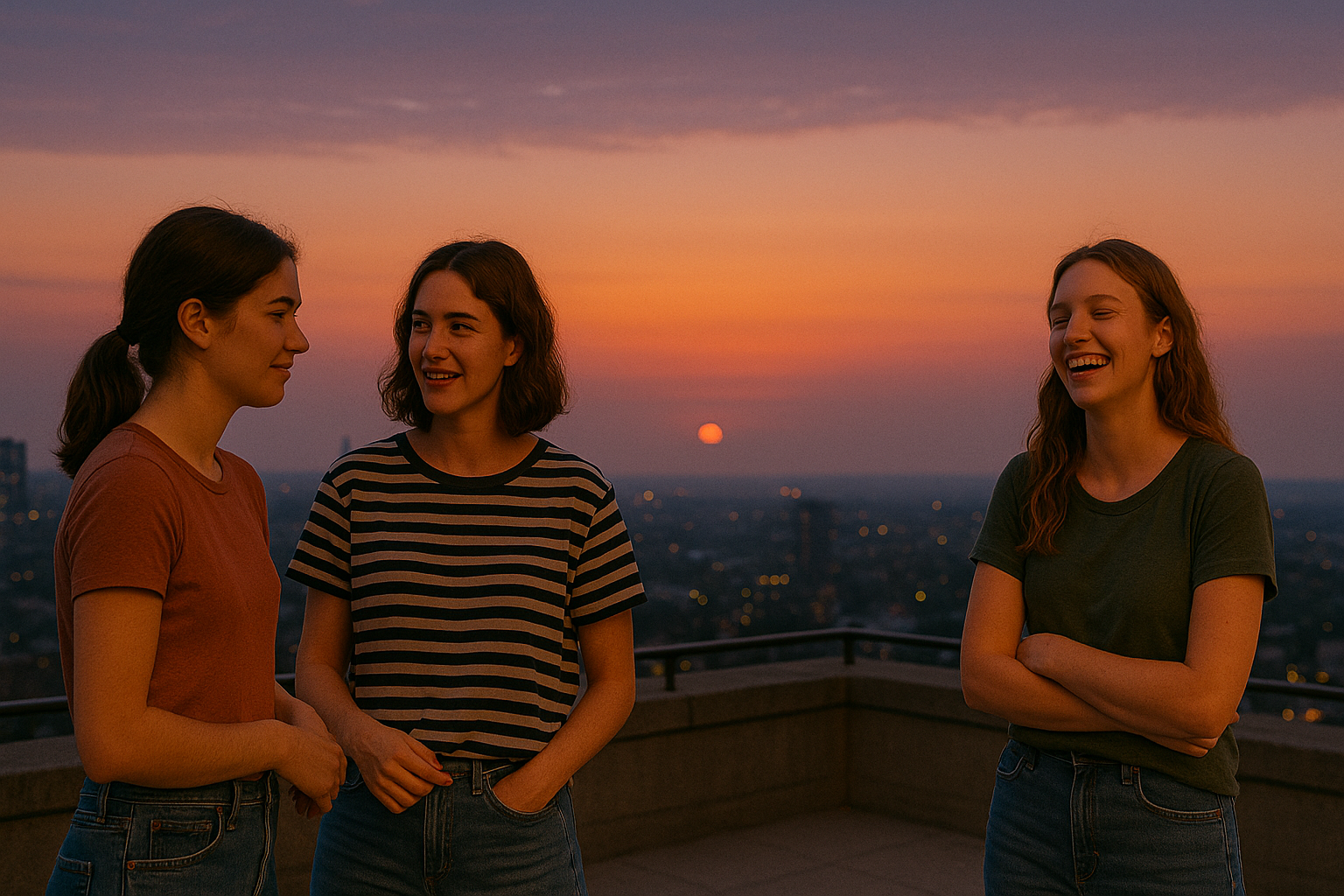Young women in modern outfits talking at a rooftop gathering at sunset with a city skyline behind them.
