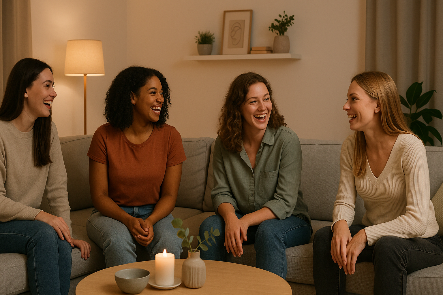 Young women in modern outfits talking in a softly lit living room, seated and standing in small groups with relaxed and confident body language.